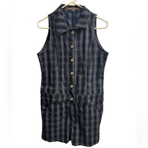VTG 90s Crest Jeans Denim Dark Multicolor Plaid Button-front Romper SZ L Grunge